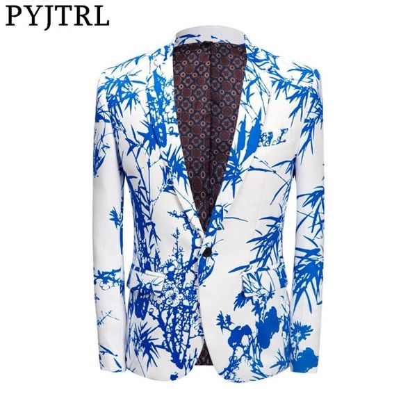 

pyjtrl tide men fashion blue bamboo print casual suit jacket costume homme botones terno male blazer masculino slim fit outfit, White;black