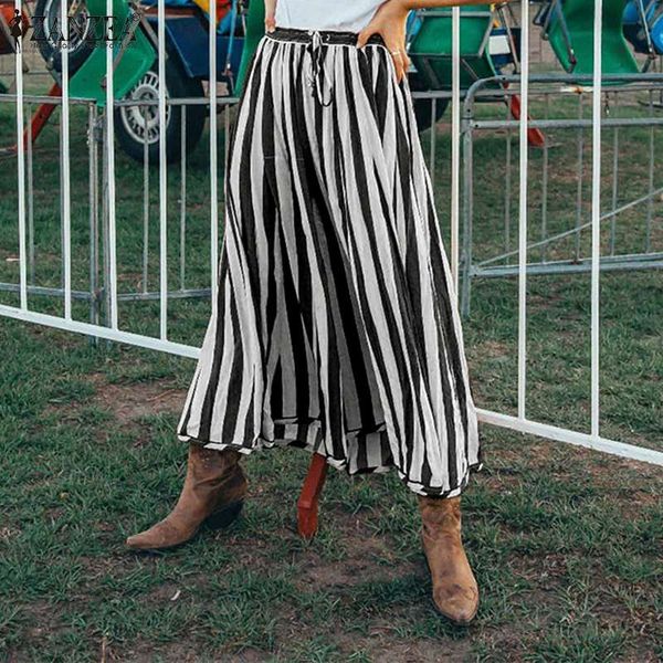 

zanzea 2020 vintage stripes skirts high waist long maxi skirts women's bohemian vestidos female solid robe oversized faldes 5xl, Black
