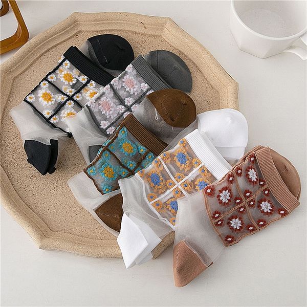 

summer 20 new stockings and and korean fashion floral glass silk women's mid-calf socks transparent card stockings women's socks, Pink;yellow