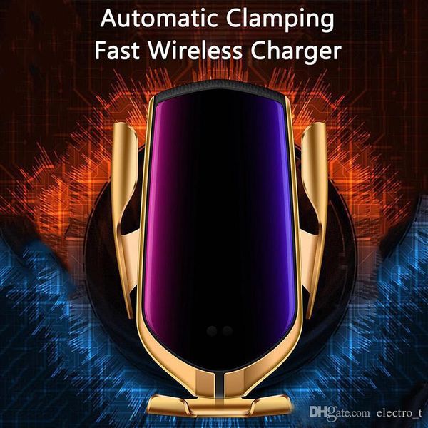 

r1 car wireless charger automatic clamping 10w qi fast charging holder for iphone samsung huawei air vent phone holder with retail box emdbf