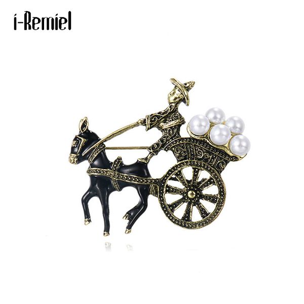 

vintage new pearl horse carriage brooch for women men female alloy metal dress coat collar badge pin jewerly accessories gifts, Gray