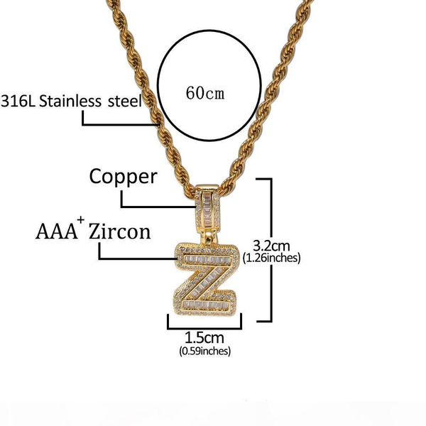 

ale hip hop custom name baguette letter pendant necklace with rope chain gold silver bling zirconia men pendant jewelry