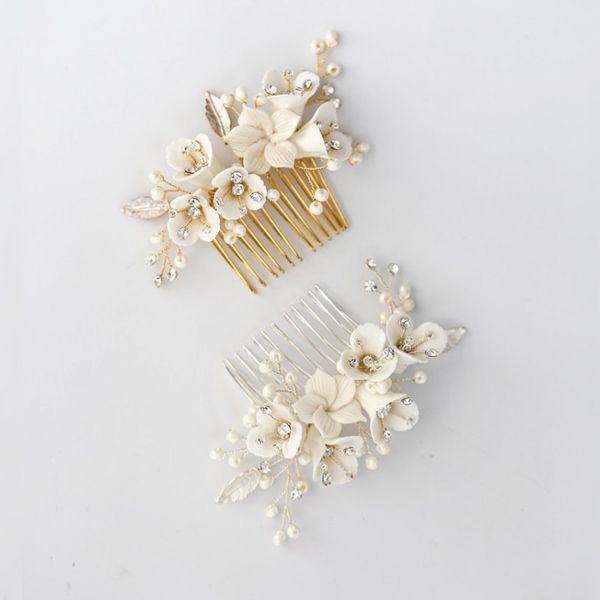 

gold silver color porcelain flower bridal small comb pearls hair jewelry handmade women wedding prom hair piece accessories, Golden;silver