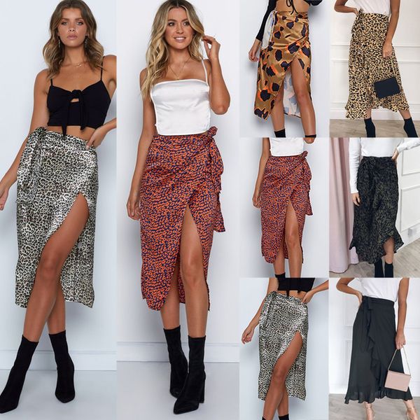 

2020 eleghant women ladies midi leopard skirts high waist lace up bodycon skirts fashion side slit mid calf pencil skirts, Black