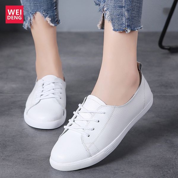 

weideng женщина из натуральной кожи ботинок отдыха lace up flat молодых женщины вскользь мокасины дышащего шитье light slender, Black