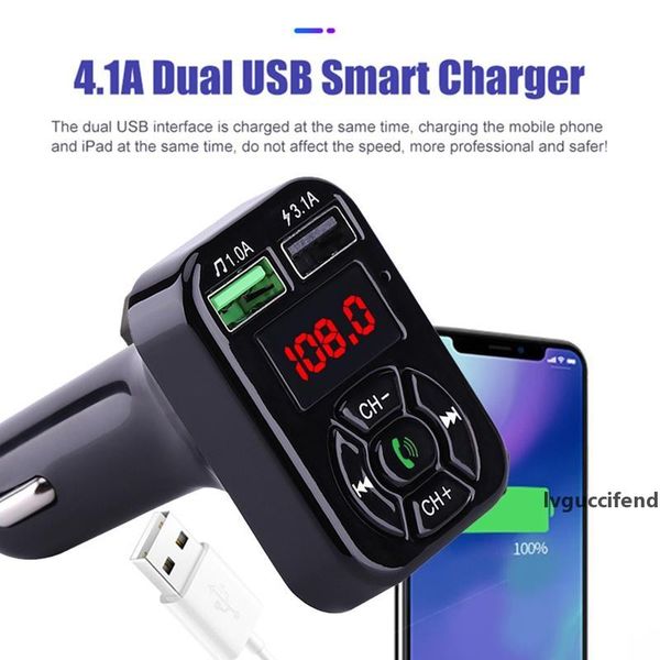 

dual usb car charger adatper 3.1a digital voltage display bluetooth fm transmitter support u disk tf card lossless music player for iphone