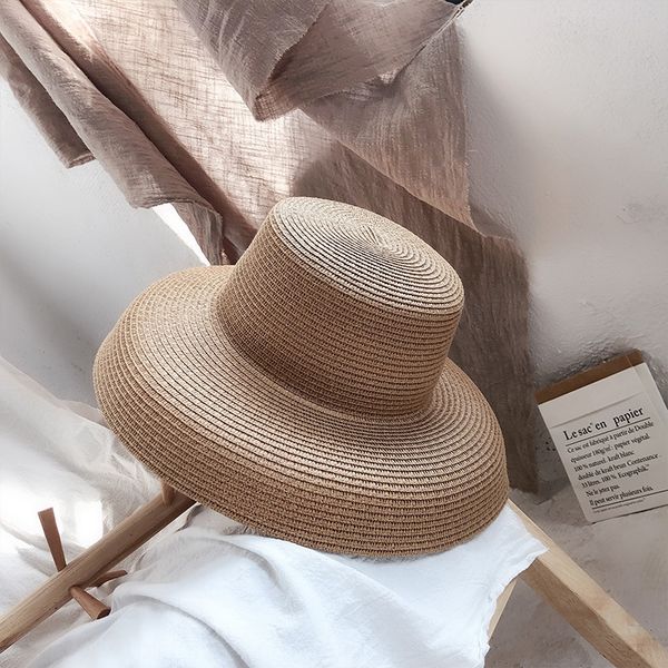 

p8voj hepburn's same style lampshade straw cornice cap cornice cap straw female dark big brim hat foldable beach sun hat female summer, Blue;gray
