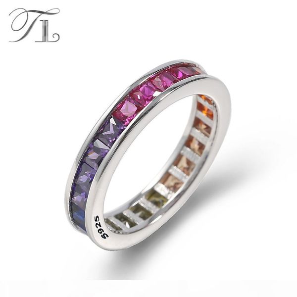

tl women's wedding eternity band princess rainbow cubic zircon stone rings with 925-sterling-silver engagement anniversary rings y18907, Slivery;golden