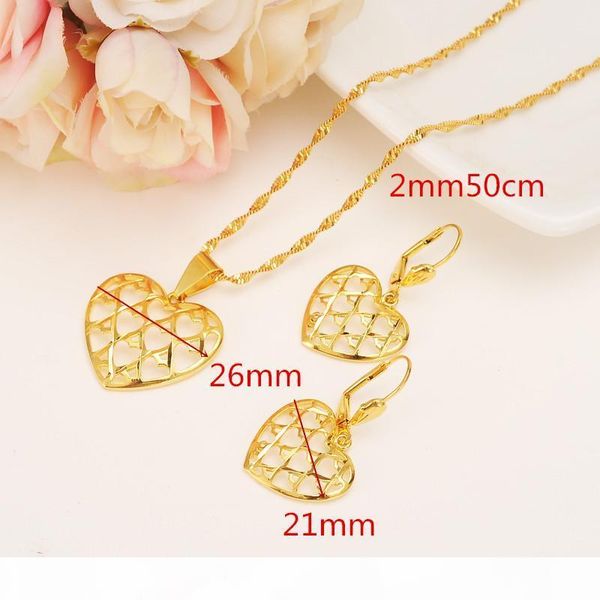 

r new romantic heart pendant necklace chain earrings sets jewelry 14 k real fine gold gf filled bead necklaces sets women, Silver