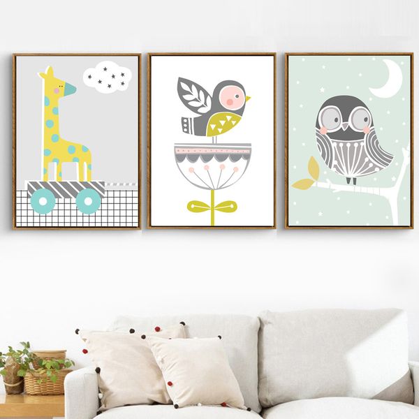 

nordic poster cartoon giraffe bird flower wall art canvas posters and prints canvas painting wall pictures for kids room decor