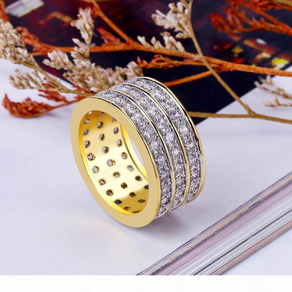 

real copper rings shiny 3 rows micro cubic zirconia punk finger accessories for mens hip hop trendsetter rock rapper jewelry gifts size 7-11, Silver