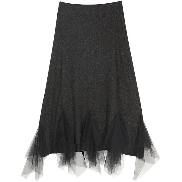 

black solid contrast mesh casual women long skirts 2020 spring new gray elastic waist irregular hem female daily bottom