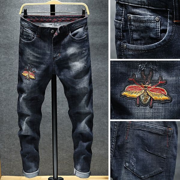 

black personalized embroidered jeans men's youth slim-fit stretch skinny trousers trendy men's clothing tight pants jeans tight pa, Blue