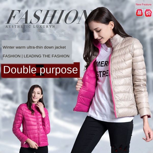 

new ultra-thin short stand collar down jacket two-sided long sleeve women's down jacket fashionable, Black