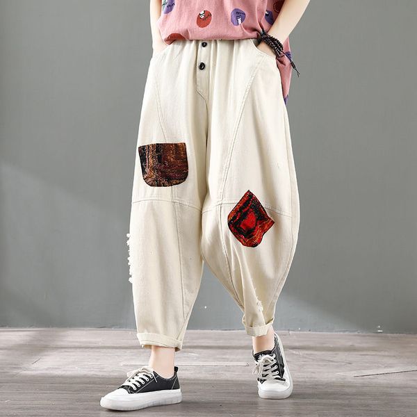 

art retro patch denim harem pants women's summer loose wild splicing jeans casual ripped nine-point baggy pants trousers k985, Black;white