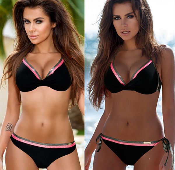 

adjustable bikini patchwork swimsuit bordered swimwear tie swimming suits bandage bathing suit women plus size bikini s xxl, White;black