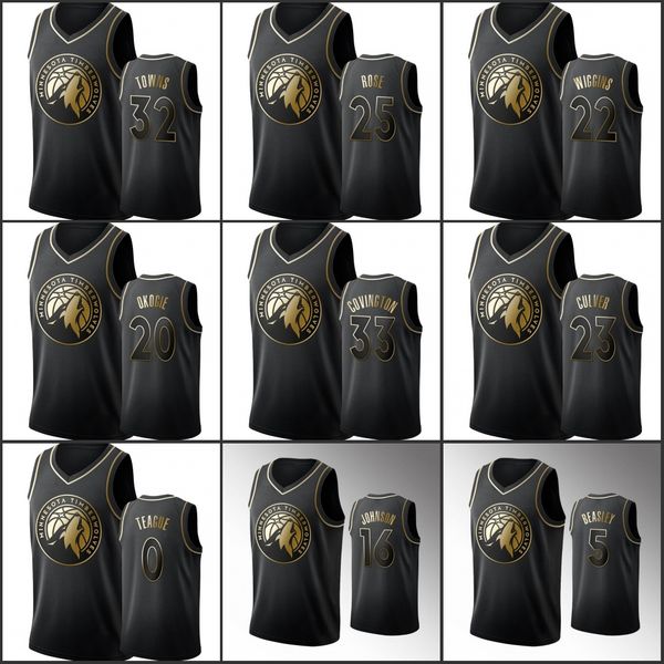 

minnesota timberwolves men d'angelo russell karl-anthony towns malik beasley james johnson nba black golden edition jersey