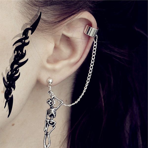 

gothic punk weird silver color emo skull chain drop earrings for men women cool egirl street statement halloween jewelry 2020