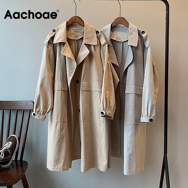 

aachoae women fashion trench coat 2020 solid casual loose long windbreaker single breasted pockets ladies outwear ropa mujer, Tan;black
