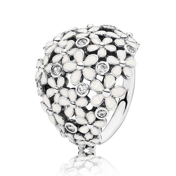 

ale 925 sterling silver darling daisy bouquet ring luxury designer jewelry women white enamel and cz flower statement rings with pandora box, Slivery;golden