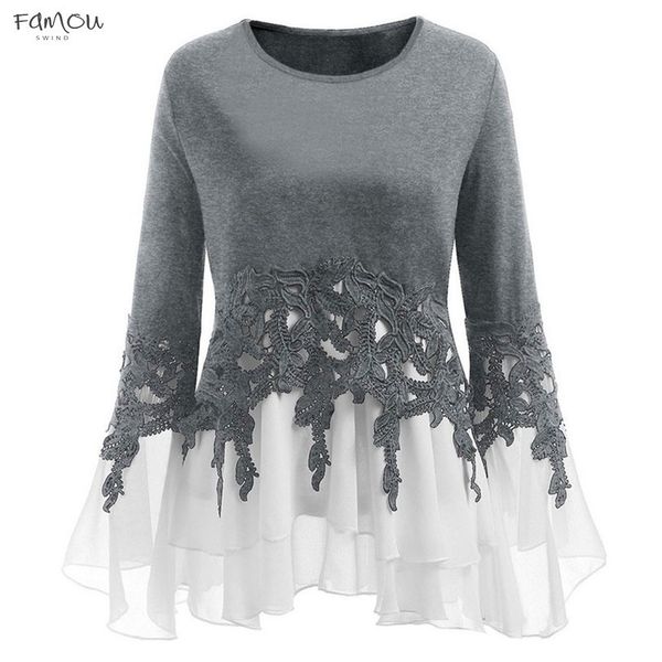 

plus size fashion applique chiffon flare blouse casual winter ladies tunic female women long sleeve shirt blusas pullover, White