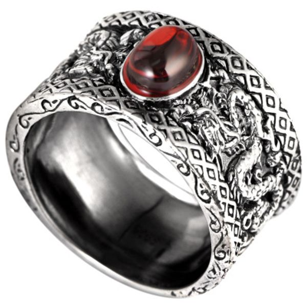 

925 sterling silver ring retro thai silver garnet black agate double dragon play bead wide face wide lord ring