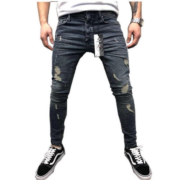 

mens fashion jeans straight slim fit biker pants distressed skinny ripped destroyed denim jeans washed hip hop pants, Blue