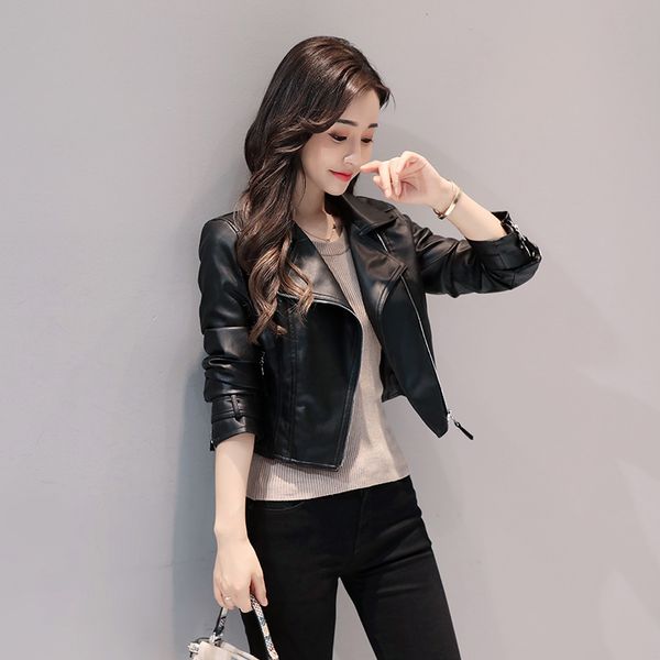 

women's leather & faux pink soft jacket women autumn short slim motorcycle biker female casual fashion abrigo mujer outwear, Black