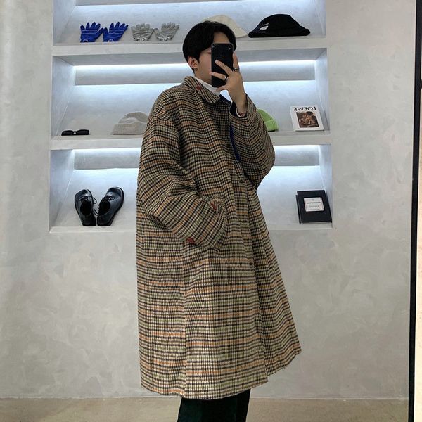 

winter korean plaid woolen coat men's fashion casual retro woolen jacket men streetwear wild loose long coat mens, Black