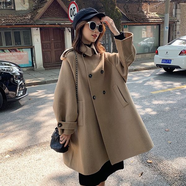 

2019 winter new cloak wool coat wool korean style loose curry all-match mid-length cloak woolen coat women's fashion, Black