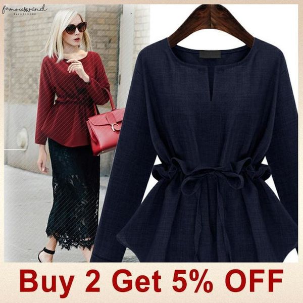 

women ruffle tunic high waist solid blouse cotton linen peplum sashes shirts long sleeves drawstring lace up plus size 5xl, White