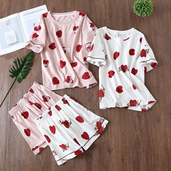 

e2l9h women's cotton pajamas love suit 2-color short-sleeved shorts pajama cotton-padded clothes shorts cotton-padded clothes cute inte, Blue;red