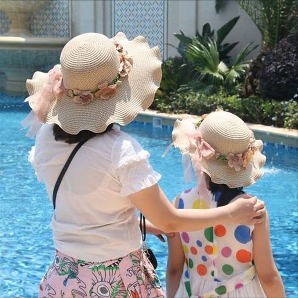 

parent-child new fashion garland sunshade sunshade sun sun sunscreen straw beach hat women's and children's hat sunscreen, Blue;gray