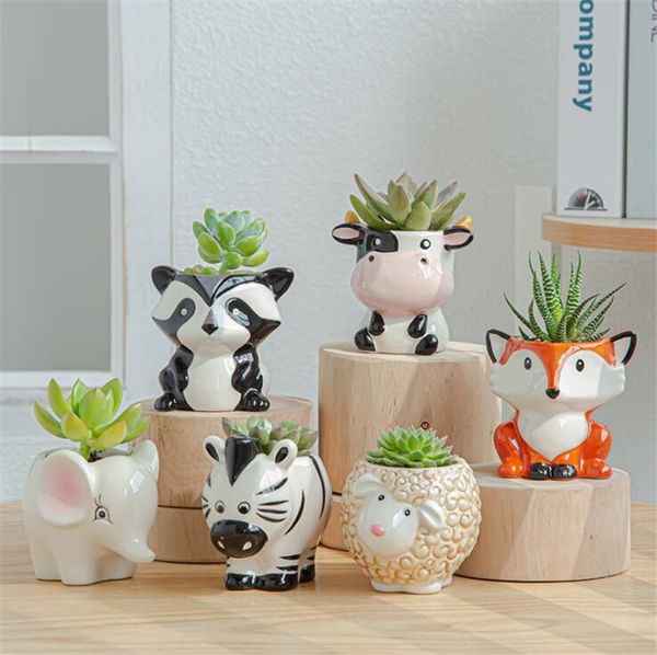 6 pezzi set animali dei cartoni animati vaso di fiori per piante grasse piante carnose vaso di fiori in ceramica piccolo mini giardino di casa decorazione dell'ufficio