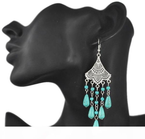 

e vintage style statament silver plated alloy fan shape drop turquoise dangle earrings, Golden