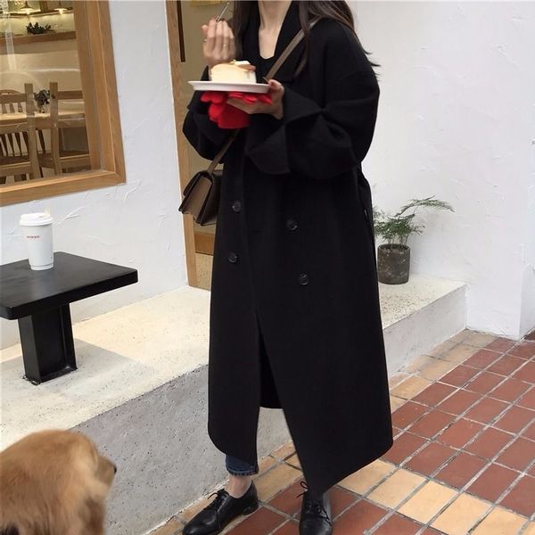 

dfxzf off-season double-sided woolwool wool cashmere coat women's mid-length over-knee korean style loose double-breasted hepburn style, Black