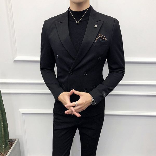 

custom slim fit wedding groom tuxedos peaked lapel man fashion clothes 2021 double breasted boyfriend suits for men 2 piece, White;black