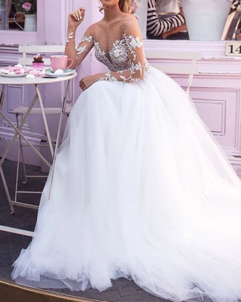 

a-line wedding dresses jewel neck court train lace tulle long sleeve plus size with beading embroidery appliques, White