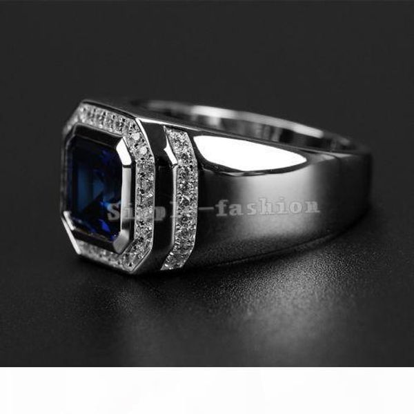

o wholesale ring high quliry solitarie blue sapphire 925 sterling silver simulated diamond wedding men ring gift size 8, Golden;silver