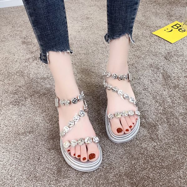 

new fashion water diamond metal thick bottom round head sandals women's comfortable open toe button women's shoes, Black
