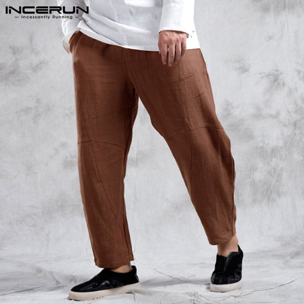 

mens leisure pants solid color baggy trousers loose breathable cotton pantalonges vintage elastic waist pants streetwear incerun, Black