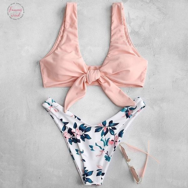 

women plant print tie front bikini set bandeau letter biquini bandage bathing suit female low waist swimsuit front tie bow knot bikinis, White;black