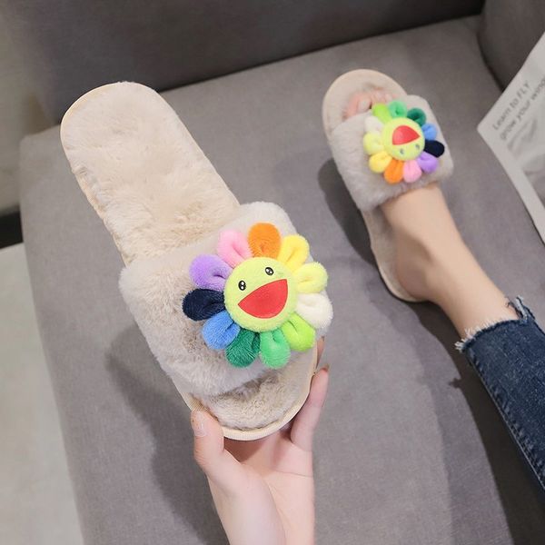 

fur slippers women casual fashion flat sunflower indoor house shoes female non-slip winter keep warm slides home slippers woman, Black