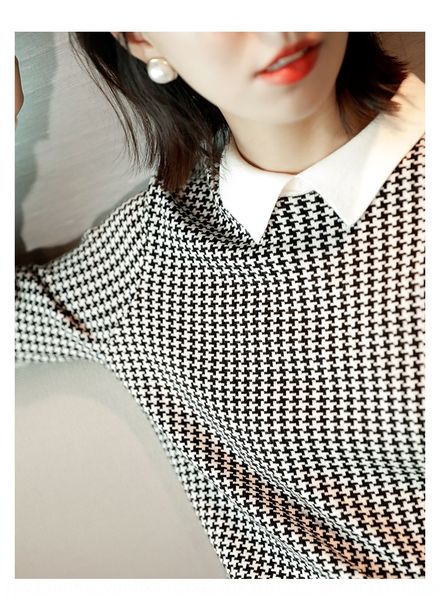 

1wgqr frozen-age intellectual lady elegant elegant color contrast small pointed collar pullover thousand-bird plaid sweater pullover sweater, White