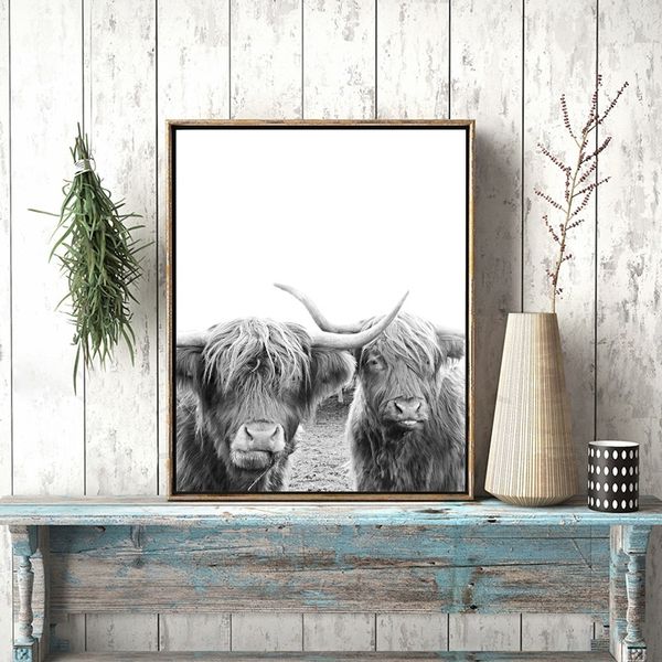 

black & white farm highland cow animal oil painting scotland cow posters & prints farm nursery wall art pictures rustic home decoration