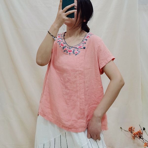

2020 embroidery summer new solid color linen artistic embroidery short sleeve loose for women, White