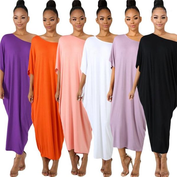 

casual dress famale sumemr fahion clothes womens off shoulder dress batwing sleeves loose solid color, Black;gray