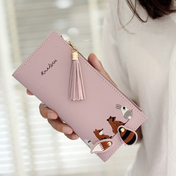 

women's new fashion long wallet pu leather fox fur tassel coin purse girl hand embroidery pendant zip coin purse qb00013, Red;black