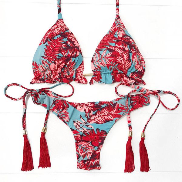 

pink printed bikini swimwear women bikini flowers bandage swimsuit low waist biquini push up swimwear bikinis 2020 mujer red, White;black