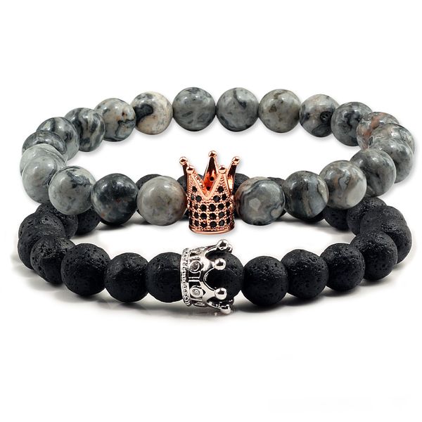 

2pcs/set fashion crown chakra bracelet white and black natural stones couple bracelets beads lovers bracelets for men women gift